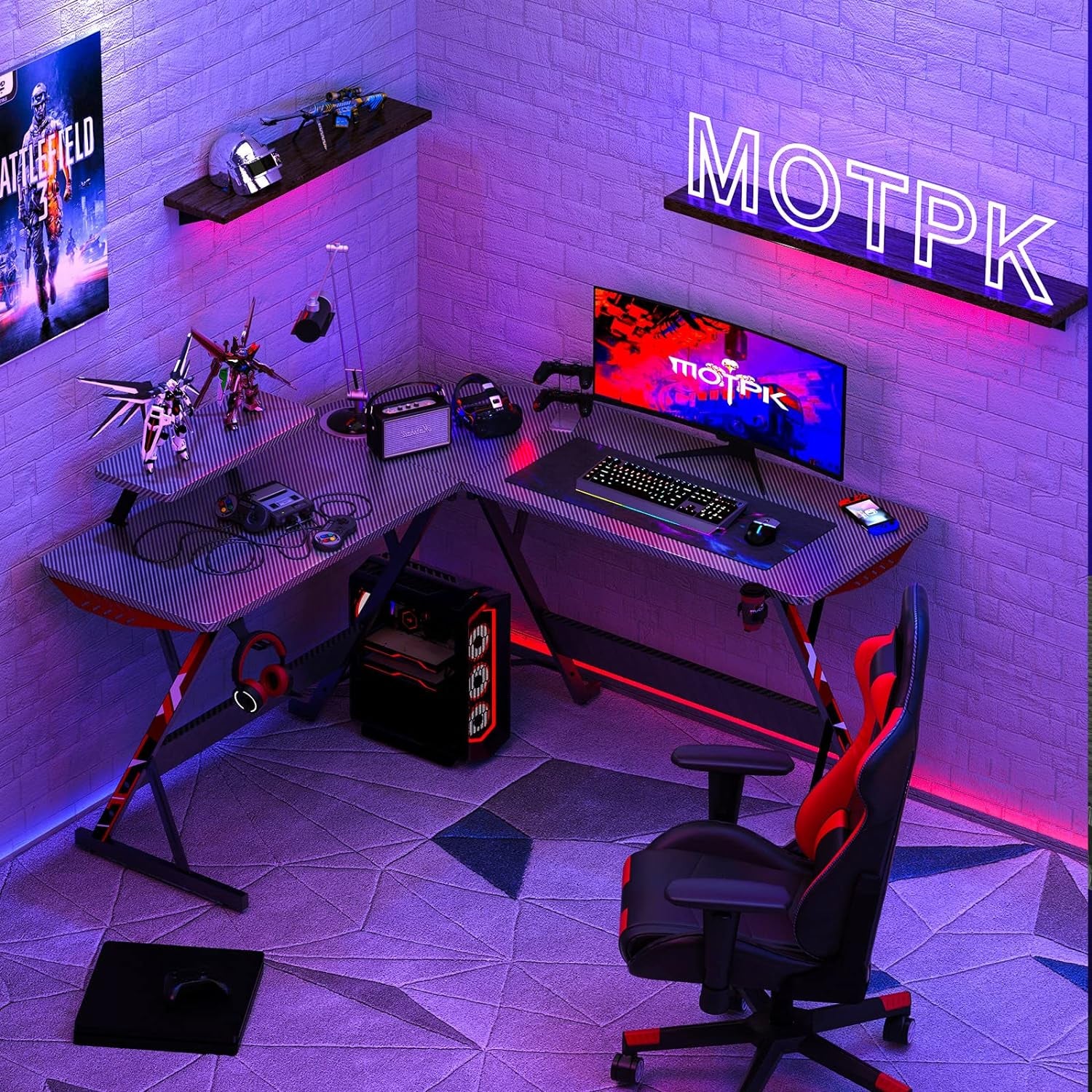 L Shaped Gaming Desk with Carbon Fiber Surface